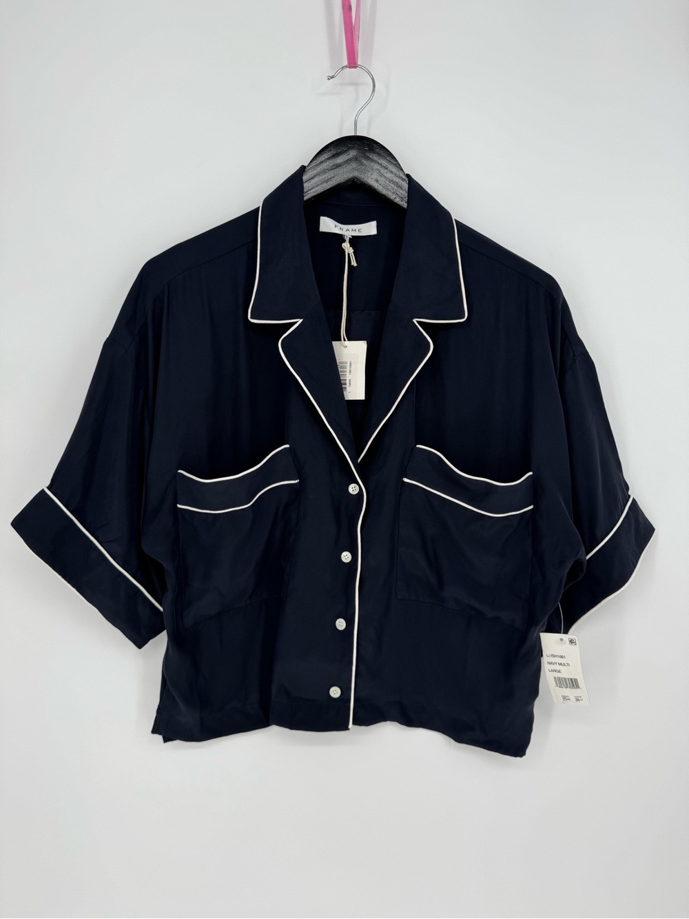 Frame NWT 100% Silk Boxy Button Front Top Navy Blue Large - Picture 2 of 8